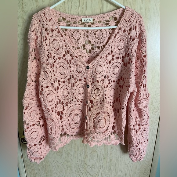 POL Pink Peach Crochet Button Front Cardigan One Size SMC79 Beautiful - Picture 4 of 13
